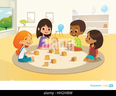 Children sit in circle on round carpet in kindergarten classroom, play with wooden toy blocks and laugh. Learning through entertainment concept. Vector illustration for flyer, website, poster, banner Stock Vector