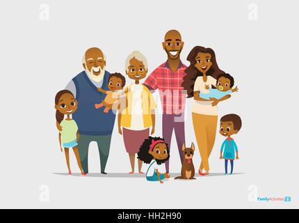 Big happy family portrait. Three generations - grandparents, parents and children of different age together. Smiling cartoon characters. Vector illustration for poster, greeting card, website, ad Stock Vector