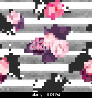 Floral seamless pattern with half colored bunches of flowers and gray hand painted watercolor stripes on background. Vector illustration in retro style for wallpaper, textile print, wrapping paper Stock Vector