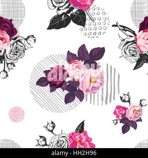 Romantic seamless pattern with small bouquets of cut rose flowers and gray circles of different textures on background. Vector illustration in vintage style for fabric print, wrapping paper, backdrop Stock Vector