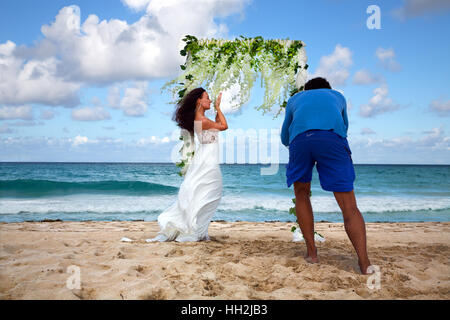 Bride on Varadero beach before wedding, Cuba Stock Photo