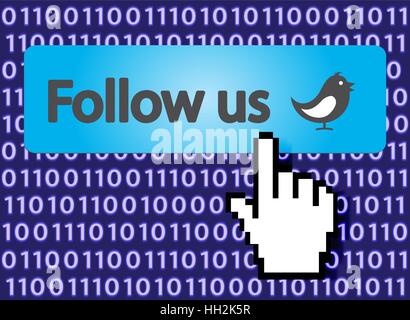 Follow Us Button with Hand Cursor and bird. Vector Illustration. Stock Vector