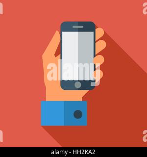 Hand holding Mobile phone. Flat icon whit long shadow. Vector illustration Stock Vector
