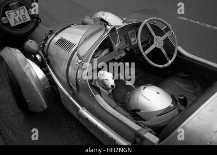 Jack Russell in Pembleton 3 wheeled sports car, Alston Stock Photo