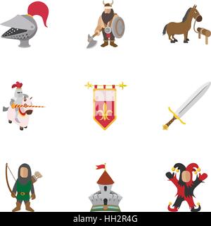 Medieval knight icons set, cartoon style Stock Vector