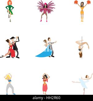 Kind of dances icons set, cartoon style Stock Vector