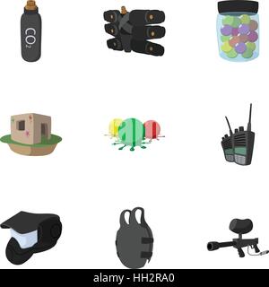 Competition paintball icons set, cartoon style Stock Vector