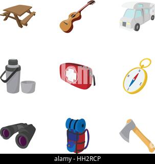 Camping icons set, cartoon style Stock Vector