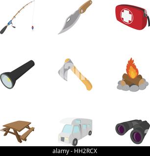 Vacation in forest icons set, cartoon style Stock Vector