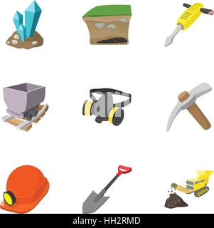 Coal mining icons set, cartoon style Stock Vector