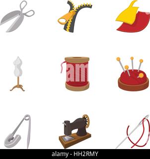 Tools for sewing dresses icons set, cartoon style Stock Vector