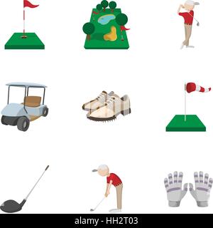 Golf icons set, cartoon style Stock Vector