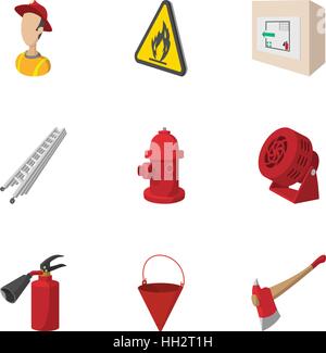 Firefighter icons set, cartoon style Stock Vector