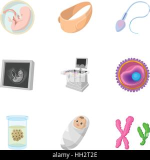 Kid in mother stomach icons set, cartoon style Stock Vector