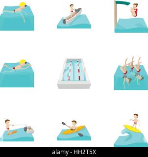Swimming on water icons set, cartoon style Stock Vector