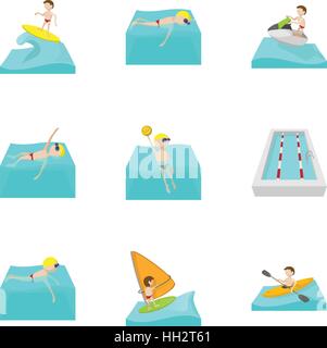 Active water sport icons set, cartoon style Stock Vector