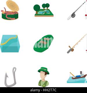 Fishing icons set, cartoon style Stock Vector
