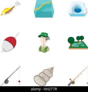 Hunting for fish icons set, cartoon style Stock Vector