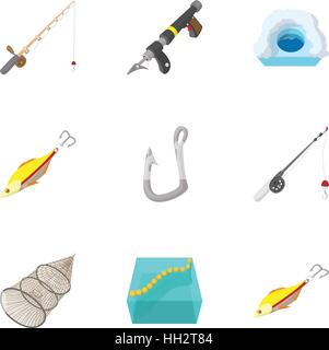 Fishing sport icons set, cartoon style Stock Vector