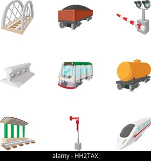 Railway icons set, cartoon style Stock Vector