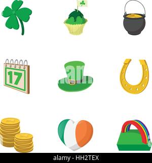 Holiday Saint Patrick day icons set, cartoon style Stock Vector