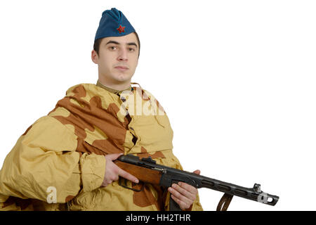 young Soviet soldier with machine gun , ww2, on white background Stock Photo