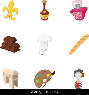 Country of France icons set, cartoon style Stock Vector