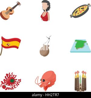 Holiday in Spain icons set, cartoon style Stock Vector