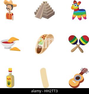 Tourism in Mexico icons set, cartoon style Stock Vector