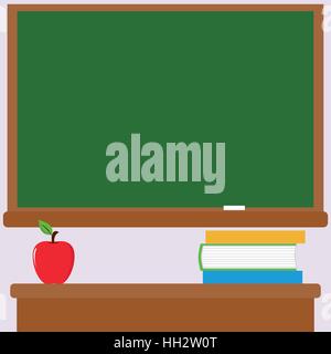 Classroom. Chalkboard, teacher desk, books and apple. Stock Vector