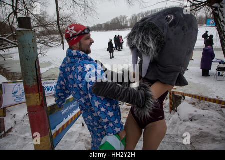 Moscow, Russia. 15th January, 2017. Members of the Capital walruses winter swimming club participate participate in swimming competitions in the ice-hole in Moscow, Russia Stock Photo