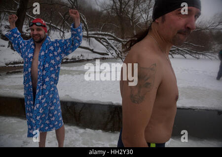 Moscow, Russia. 15th January, 2017. Members of the Capital walruses winter swimming club participate participate in swimming competitions in the ice-hole in Moscow, Russia Stock Photo