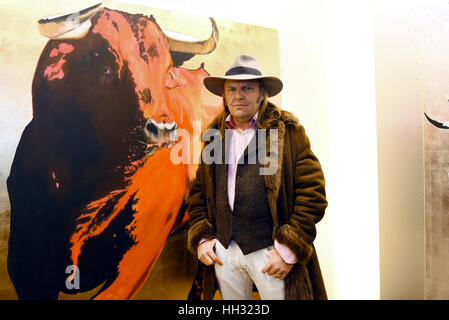 German-Polish painter Adam Pete pictured at the opening of the exhibition of his work titled 'Girls and Bulls' at Galerie Mensing in Duesseldorf, Germany, 15 Janaury 2017. The artist lives and works on the Spanish island of Majorca. Photo: Horst Ossinger//dpa Stock Photo