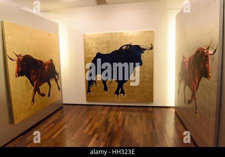 Pictures of bulls by German-Polish painter Adam Pete on show at the exhibition of his work titled 'Girls and Bulls' at Galerie Mensing in Duesseldorf, Germany, 15 Janaury 2017. The artist lives and works on the Spanish island of Majorca. Photo: Horst Ossinger//dpa Stock Photo