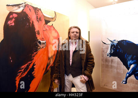 German-Polish painter Adam Pete pictured at the opening of the exhibition of his work titled 'Girls and Bulls' at Galerie Mensing in Duesseldorf, Germany, 15 Janaury 2017. The artist lives and works on the Spanish island of Majorca. Photo: Horst Ossinger//dpa Stock Photo