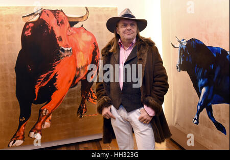 German-Polish painter Adam Pete pictured at the opening of the exhibition of his work titled 'Girls and Bulls' at Galerie Mensing in Duesseldorf, Germany, 15 Janaury 2017. The artist lives and works on the Spanish island of Majorca. Photo: Horst Ossinger//dpa Stock Photo