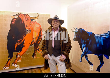 German-Polish painter Adam Pete pictured at the opening of the exhibition of his work titled 'Girls and Bulls' at Galerie Mensing in Duesseldorf, Germany, 15 Janaury 2017. The artist lives and works on the Spanish island of Majorca. Photo: Horst Ossinger//dpa Stock Photo