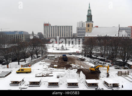 View of the Neptune fountain covered in snow next to the Marien church in Berlin, Germany, 9 January 2017. Photo: Soeren Stache/dpa-Zentralbild/ZB Stock Photo