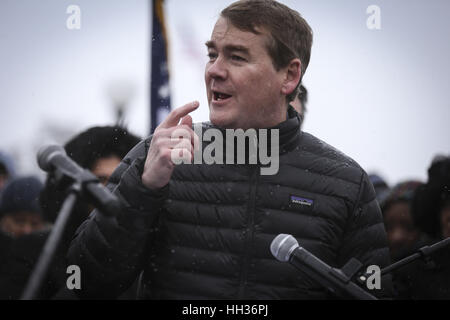 Denver, Colorado, USA. 16th Jan, 2017. U.S. Senator CORY GARDNER speaks at the 2017 Dr. Martin Luther King Marade in Denver, Colorado. The event featured a march and parade where city officials, politicians, and community members gathered to celebrate the legacy of Dr. Martin Luther King, and voice their opinion on social issues. Credit: Eliott Foust/ZUMA Wire/Alamy Live News Stock Photo
