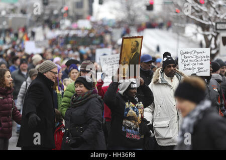 Denver, Colorado, USA. 16th Jan, 2017. People participate in the 2017 Dr. Martin Luther King Marade in Denver, Colorado. The event featured a march and parade where city officials, politicians, and community members gathered to celebrate the legacy of Dr. Martin Luther King, and voice their opinion on social issues. Credit: Eliott Foust/ZUMA Wire/Alamy Live News Stock Photo
