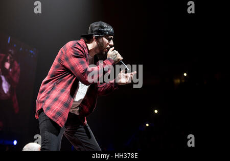 Manchester, UK. 16th January, 2017. M Shadows, Zacky Vengence, Synyster Gates, Johnny Christ and Brooks Wackerman of Avenged Sevenfold perform at The Manchester Arena during their headline UK tour. Credit: Gary Mather/Alamy Live News Stock Photo