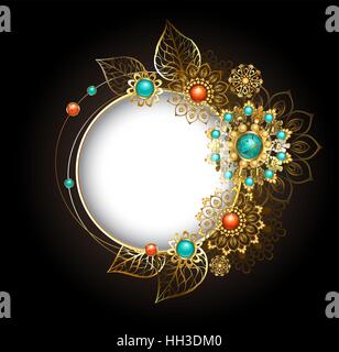 Round, jewelry banner decorated with jewelery, gold and bronze ornaments in ethnic style with turquoise and jasper, on a dark background. Stock Vector