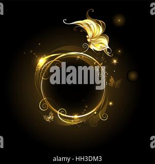 round , golden, glowing banner with golden butterfly on black background Stock Vector