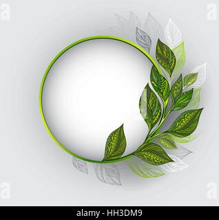 Round banner with a green frame, decorated with patterned, green and gray leaves of tea on a gray background. Tea design. Stock Vector