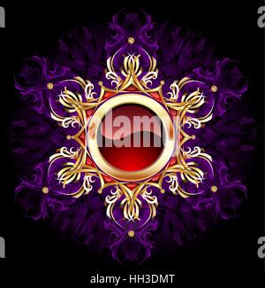 Round Jewelry banner made of red glass, framed by symmetrical gold pattern on a dark purple background. Stock Vector