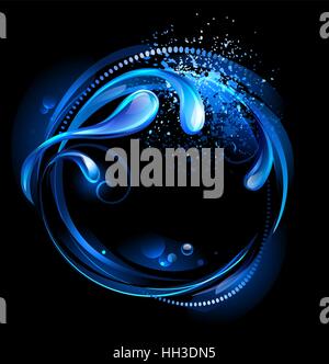artistically painted , round banner of blue jets and drops of water on black background. Stock Vector