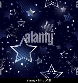 blue, night, seamless background with shiny, silver stars. Stock Vector