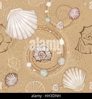 seamless pattern of brown and beige stylized sea shell on the beige, sandy ground. Stock Vector