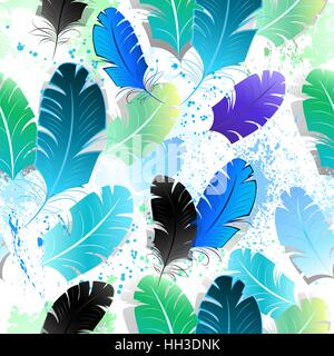 seamless pattern with bright blue, green and black feathers on a white background, shaded paint spots. Stock Vector