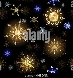 seamless pattern with gold and blue snowflakes on a black background. Stock Vector